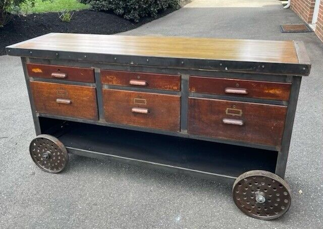 Industrial Console Sideboard Table With Storage Drawers On Wheels Pick Up Only